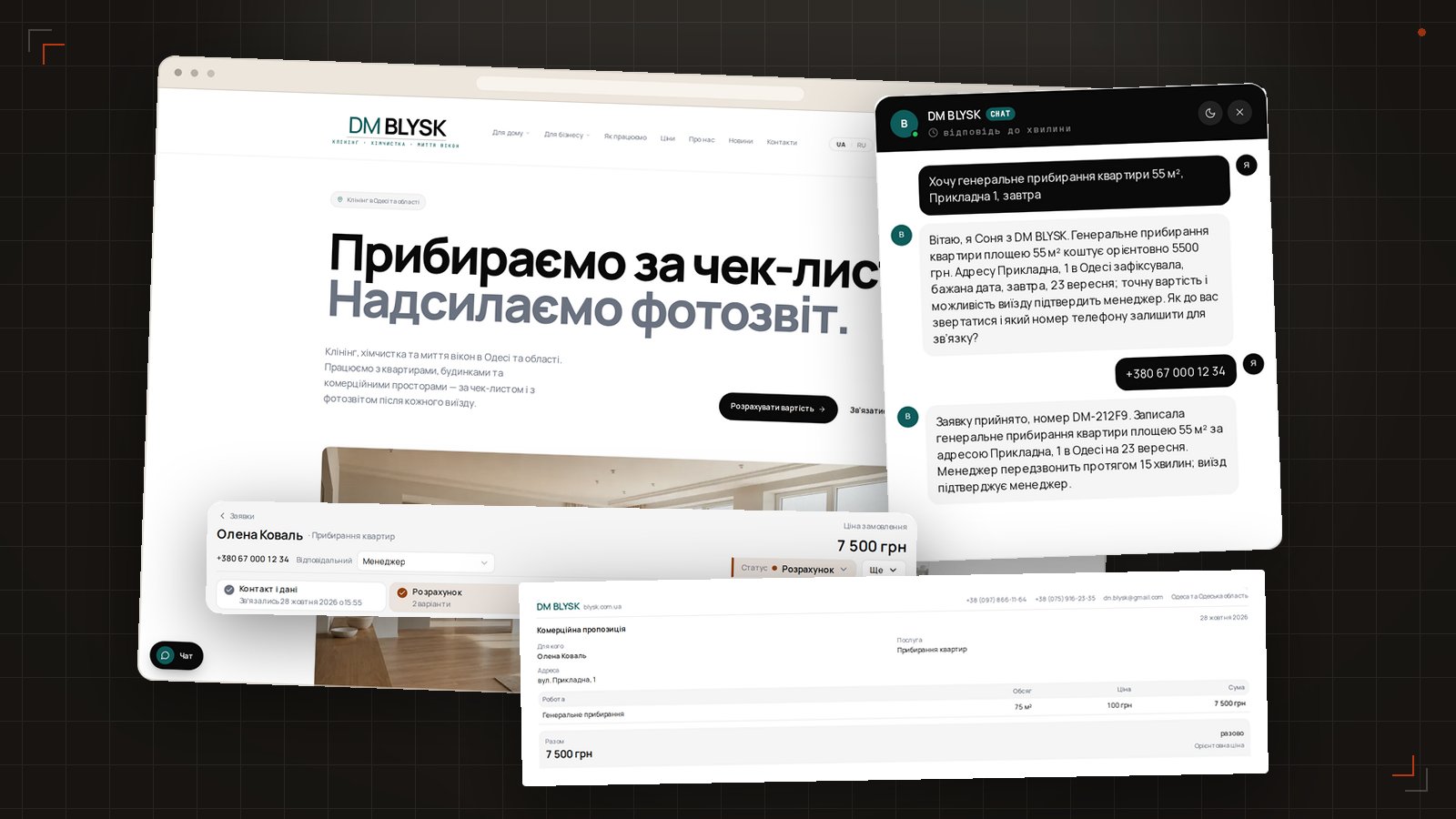 Сайт, разговор с помощницей, заявка и предложение DM BLYSK