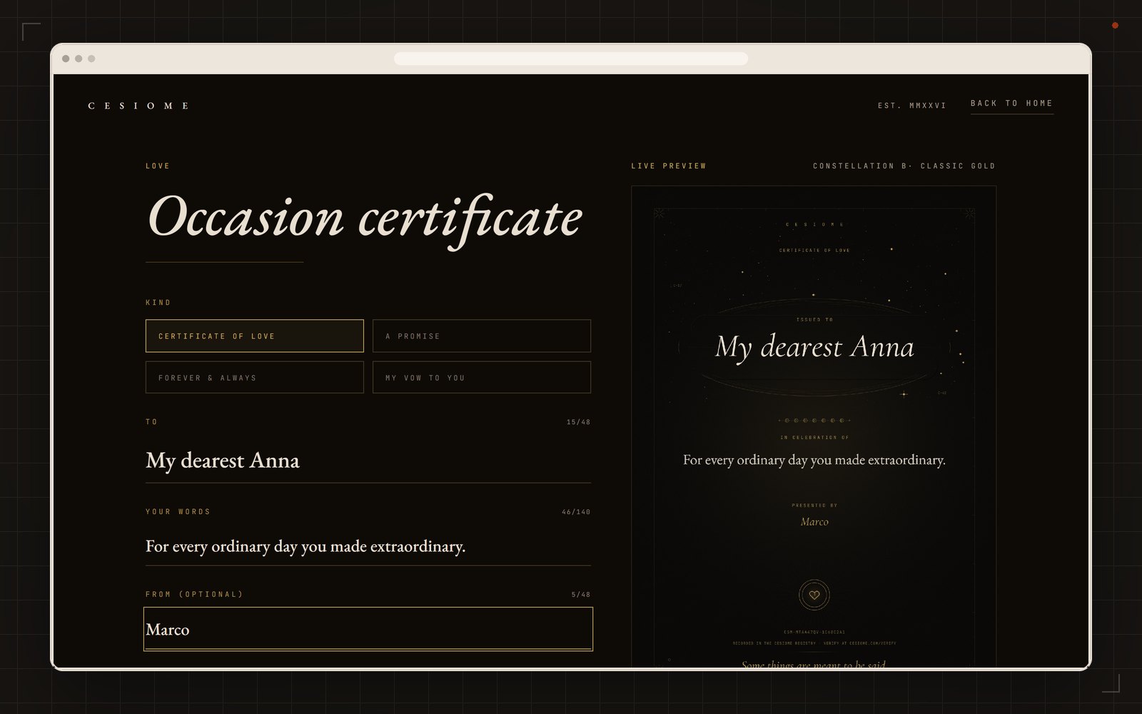 Certificate builder with form and live preview